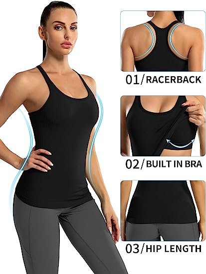 Women's Ribbed Workout Tank Top with Built-in Bra Tight Crew Neck Track Top