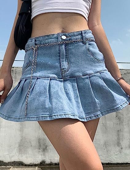 Women's Casual Slim A-line Pleated Ruffle Short Mini Denim Skirts