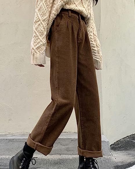 Women's Vintage High Waisted Straight Leg Corduroy Pants Trouser
