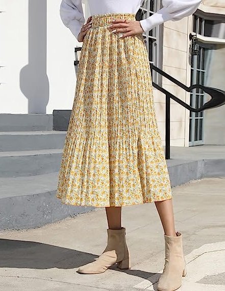 Womens High Waist Polka Dot Pleated Skirt Midi Swing Skirt with Pockets